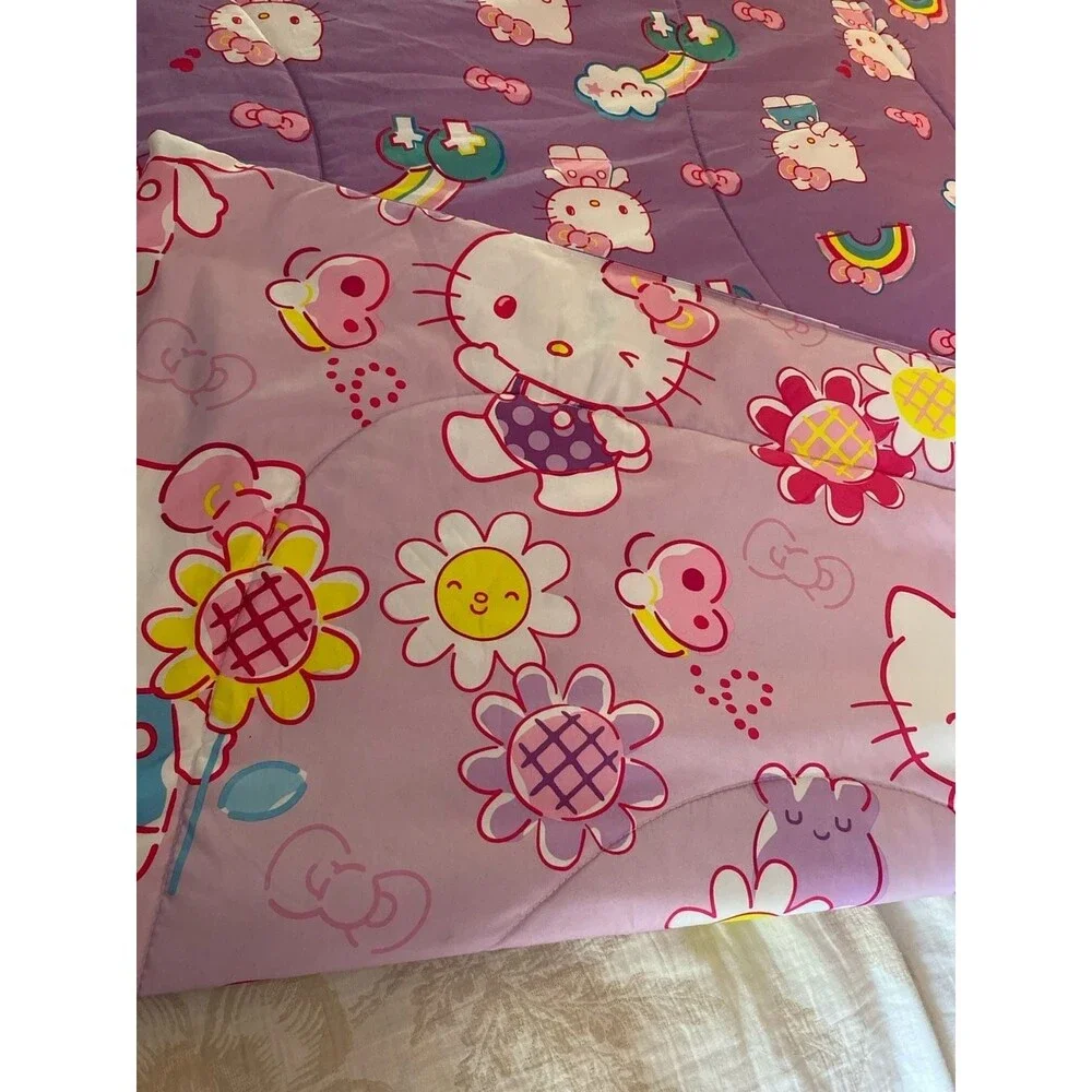 Sanrio Hello Kitty Purple Rainbow and Clouds Twin Comforter Reversible Pink
